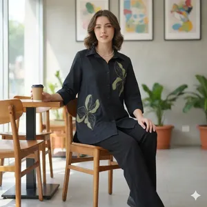 Ensemble chemise et pantalon brodés de fleurs noires pour femmes, haut à col et manches trois quarts, boutons sur le devant, coupe ample, tenue élégante et décontractée - Product Image 5