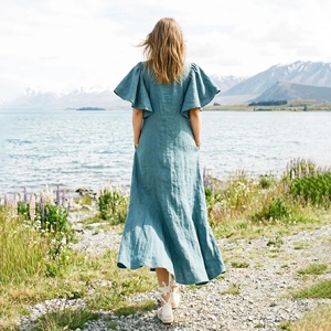Organic 100% Cotton Vintage Handmade <b>Bell</b> <b>Sleeve</b> V-Neck Midi <b>Dress</b> Women High Waist A-Line Bow Pockets Breathable Loose Fit - Product Image 2