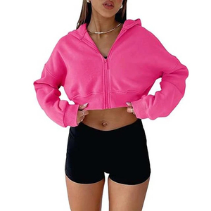 Sudadera con capucha extragrande de hombros caídos, 100% algodón, top corto con cremallera para gimnasio, para mujer, estilo casual, para exteriores y streetwear - Product Image 6
