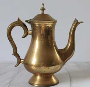 Handcrafted Brass <b>Teapot</b> with Ornate Curved Handle Polished Metallic Finish Long Spout Domed Lid Traditional Vintage Kitchenware - Product Image 1