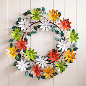 Corona de Flores de Margarita Metálica Colorida, Flores Multicolores Pintadas a Mano, Elegante Decoración de Pared para la Puerta Principal de Primavera - Product Image 1