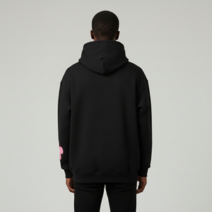 Sweat à capuche personnalisé en gros pour hommes, noir, épais, avec imprimé floral en relief, vierge, coupe oversize, en molleton de coton, à épaules tombantes, style streetwear - Product Image 5