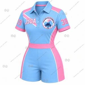 Wholesale Custom JJOA Jack and Jill of America Women's Polo <b>Romper</b> Embroidered Baby Blue Pink Short Sleeve Playsuit - Product Image 3