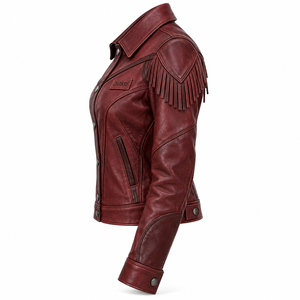 <b>Womens</b> Burgundy Fringe Real Leather <b>Jacket</b> Western Style Cropped <b>Tassel</b> Snap Coat Factory Odm - Product Image 4