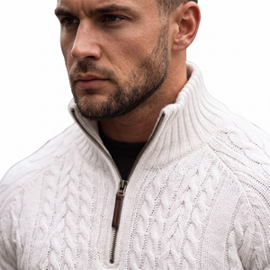 Pull en maille pour homme à col montant zippé, en laine et acrylique, épais, anti-boulochage, à manches longues, couleur unie, idéal pour l'hiver - Product Image 1