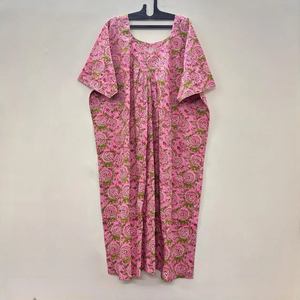 Vestido Kaftán de Algodón Indio con Cuello en V, Estilo Boho, Hecho a Mano con Estampado de Bloques, Corte Holgado y Evase para Mujer - Product Image 4