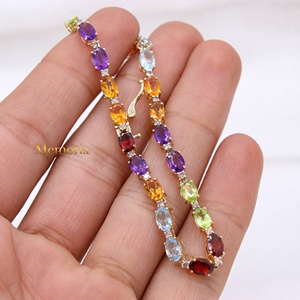 กำไลข้อมือเทนนิสทรงรีประดับเพชรและพลอยหลากสีทองคำแท้ 14K สำหรับผู้หญิง เหมาะสำหรับงานปาร์ตี้และงานแต่งงาน - Product Image 3