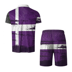 EKIN IMPEX Men's Purple White Color Block Polo Shirt And Shorts Set Quick Dry Knitted Summer Set Men’s Summer Shorts and Shirts - Product Image 2