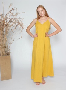 Nouvelle arrivée, robe de soirée estivale jaune maxi en coton, coupe évasée, doublure en soie, écologique, mignonne, pour femmes - Product Image 3