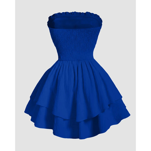 Vestido Mini Azul Rey sin Tirantes con Volantes y Pliegues - Product Image 2