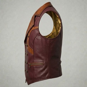 Chaleco de Motociclista de Cuero Genuino para Hombre, Cuello Doble, Color Marrón Borgoña - Product Image 3