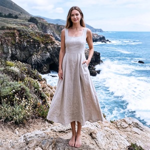 Vestido de cuello cuadrado sin mangas para mujer, estilo línea A, para verano, playa, vacaciones, talla grande, ropa de lino, precio al por mayor - Product Image 1