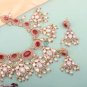 Sundari Gold Plated Zircon Ruby Polki Designer <b>Bridal</b> <b>Necklace</b> & <b>Earring</b> <b>Set</b> - Product Image 4