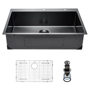 Lavello da cucina a montaggio superiore da 33 pollici in acciaio inossidabile 304, vasca singola, stile rustico, con accessori valvola in ottone - Product Image 1