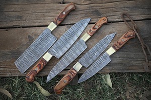 Custom Handmade Five-Piece Ambidextrous Chef <b>Set</b> Straight Edge Durable <b>Sharp</b> Damascus Steel Blades Wooden Handle - Product Image 4