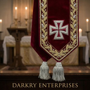 Écharpe de Maître Maçon en Velours Rouge avec Broderie à la Main en Fil d'Or Personnalisé, Emblème Croix et Pompons Argentés – Régalia Maçonnique - Product Image 5