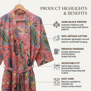 Bata Kimono Rosa Hecha a Mano de Algodón con Estampado Floral Paisley, Cuello en V, Manga Larga, Bata de Descanso, Ropa de Playa, Ropa de Resort - Product Image 4