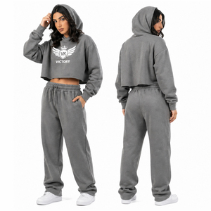 <b>Women</b> <b>Beige</b> Cropped Hoodie <b>Tracksuit</b> Set Custom Logo VK Victory Sweatshirt & Jogger Set Casual Streetwear Two Piece Outfit - Product Image 4