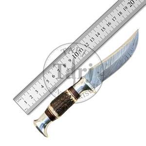 Cuchillo Bowie de caza y camping de hoja fija de Damasco de grado industrial personalizado, OEM, con punta de gota, para uso exterior, mango de asta de ciervo - Product Image 3