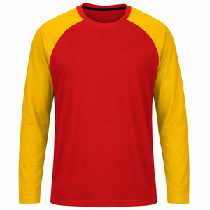 T-shirt à manches longues raglan personnalisé pour le baseball – Maillot rouge et jaune pour homme - Product Image 1