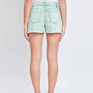 Shorts en jean taille haute menthe pour femme, couleur unie, fermeture boutonnée, cinq poches, style décontracté, tissu en coton délavé - Product Image 3