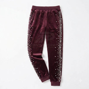Winter Solid Elastic Waist Trousers with Long Sleeve Pullover Women Rhinestone Velvet <b>Set</b> Soft Fabric Two Piece - Product Image 4