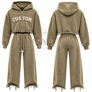 Ensemble de survêtement marron pour homme 100% coton, fermeture éclair intégrale, 450 g/m², pantalon de jogging à jambe large avec fermeture éclair courte et ourlet effiloché, tenue décontractée - Product Image 6