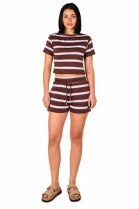 Ensemble short et haut court EVERGLOW pour femme en polyester uni, col rond, manches courtes, tenue décontractée d'été, poches, respirant, tricoté - Product Image 6