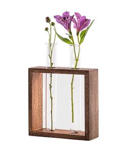 Vase en bois avec Tube en verre, Look moderne, haute qualité, décor élégant et chic, Vase à fleurs avec support en bois - Product Image 1