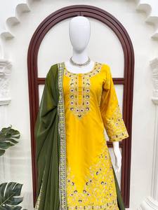 Ensemble Salwar Kameez en Georgette Brodé Bicolore avec Dupatta pour Mariage et Fêtes - Tenue Femme - Product Image 3