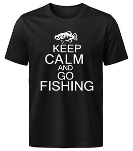 Camiseta negra de manga corta 100% algodón para hombre con estampado gráfico de peces, diseño informal con cuello redondo, camisetas de verano, Keep Calm And Go Fishing - Product Image 1