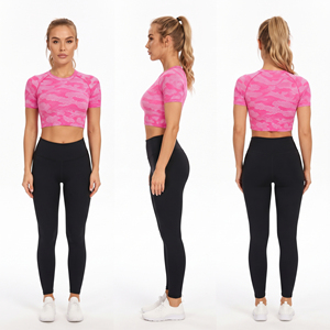 Women's Camouflage Print Short Sleeve Crop <b>Top</b> Crew Neck Fitness Wear Short <b>Top</b> Tee Breathable Knitted Compression Crop Tee - Product Image 5