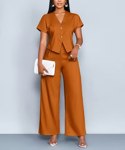 Women's Customized Color 2-Piece Set Short Sleeve V-Neck Blazer Top Wide Leg Pants Solid Color Micro Elasticity Spring/Summer - Product Image 2