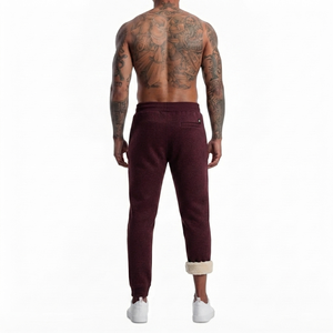 Manufacturer Men's Burgundy Sherpa Lined Lightweight <b>Linen</b>/Cotton Anti-Pilling Spring Fleece Drawstring Closure Joggers Casual - Product Image 2