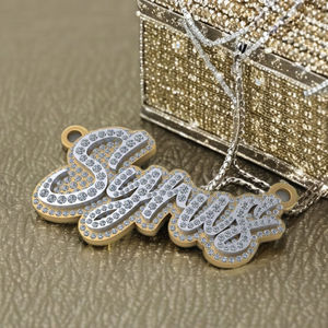 Trendy 925 <b>Silver</b> Custom Name Necklace Natural Diamonds Two-Layered Gold Plated Cursive <b>Initial</b> Iced Hip Hop Style <b>Pendant</b> Gift - Product Image 1