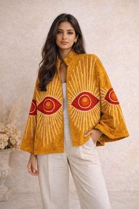 Chaqueta de Terciopelo Hecha a Mano para Mujer, con Ojo Turco Bordado, Estilo Boho, que Simboliza Protección y Positividad, Abrigo Artístico de Moda Destacada - Product Image 5