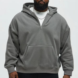 420 Grams Men's Grey Half-<b>Zip</b> <b>Hooded</b> Sweatshirt with Front Pocket Loose Fit Casual Pullover Ribbed Cuffs and Hem - Product Image 5