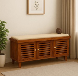 Solid Wood 3-Door Shoe Storage <b>Bench</b> | Mid-Century Slatted Entryway Settee with Cushion | Wholesale Furniture - Product Image 1