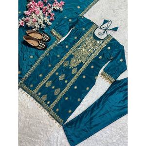 Conjunto de Fiesta Maruti Designer Azul con Bordado Intenso, Estilo Indio y Pakistaní, Top-Pantalón y Dupatta, Talla L, Look Elegante - Product Image 2