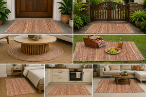 Tapis rectangulaire en jute rayé à tissage plat, style bohème, écologique, pour salon, à poils fins, fait main - Product Image 5