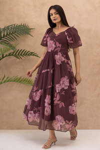 Vestido Maxi de Gasa con Estampado Floral, Manga Abullonada, Escote Corazón, Corte en A, Holgado, Informal de Verano, Hermoso y Elegante - Product Image 3
