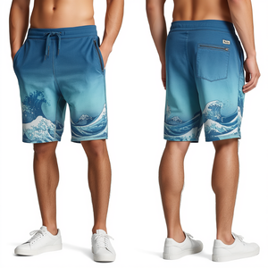 Shorts de bain pour homme Kain, imprimé vagues bleues, taille mi-haute, cordon de serrage, séchage rapide, style décontracté, tissu tissé, avec poches - Product Image 1