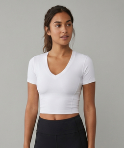 T-shirt de compression à col en V profond pour femme, haut court de yoga et d'exercice à manches courtes, soutien pour l'entraînement - Product Image 4