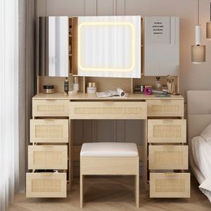 Large Makeup Vanity Table Set with 3 Opening LED-Lit Mirrors Full Storage Behind Mirror D Style Design - Product Image 3