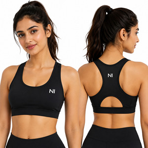 High Quality Women's Black Racerback Sports Bra With Cut-Out Back And Logo Medium Support Yoga Top Seamless Breathable Design - Product Image 6