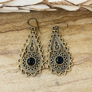 Unique Design Teardrop Dangle Earrings Silver Eye Boho Brass Jewelry Children's Antique Brass Finish Tribal Black Onyx <b>Gift</b> - Product Image 1