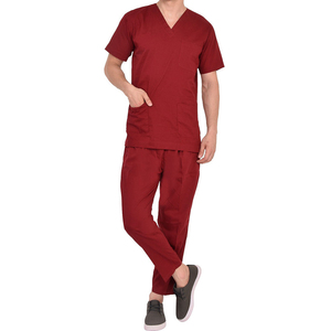 Men's Red Scrub Set Cotton Polyester Woven Hospital Uniforms V-Neck <b>Top</b> Pants for Medical Use - Product Image 2