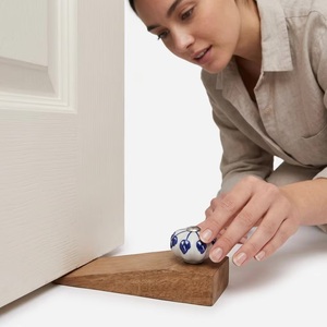 Wood <b>Door</b> Stopper Wedge with Blue White Ceramic Knob Asian Style Entry <b>Door</b> <b>Catch</b> Easy Installation Home Decor Accessory - Product Image 2
