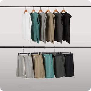 Ensemble débardeur et short de jogging en coton pour homme, couleur unie, respirant, décontracté, pour l'été, col rond, tissu tricoté - Product Image 1