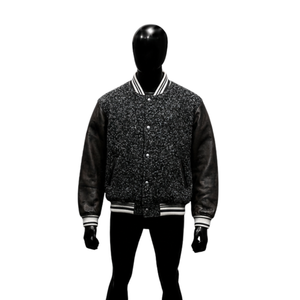 แจ็คเก็ตวาร์ซิตี้ผู้ชาย PREMIUM BLACK LETTERMAN แขนหนัง PU สีพื้น ปกคอพับ สไตล์ลำลองสำหรับฤดูใบไม้ร่วง ทรงปกติ - Product Image 1